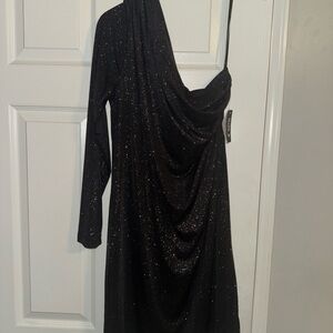 Allen B. By Allen Schwartz Black One-Shoulder Sparkle Draped Gown